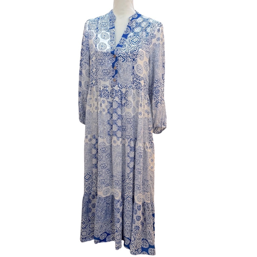 Zara Blue & White Patchwork Print Tiered Maxi Dress, size M - Picture 2 of 9